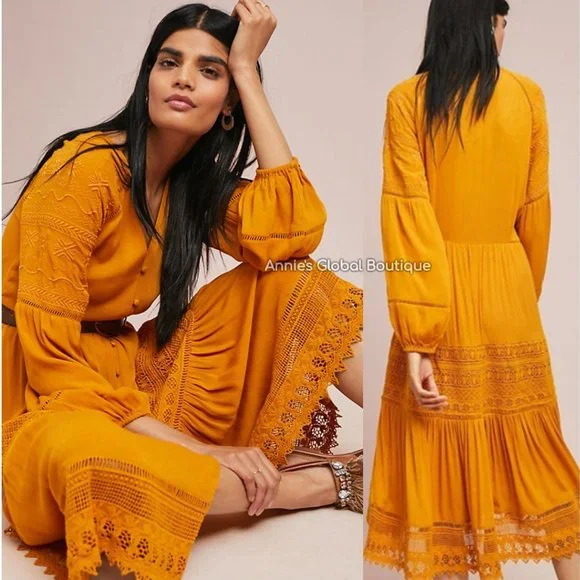 RARE NWT ANTHROPOLOGIE Golden Peasant Embroidered Maxi Dress. Size 4 - Picture 7 of 16